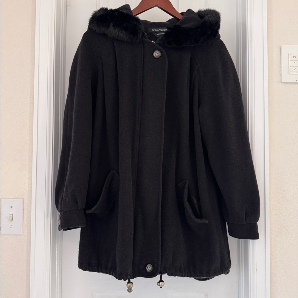 VTG Donny Brook Black Lamb Wool Coat w/ Rabbit Fur Trim Size 12